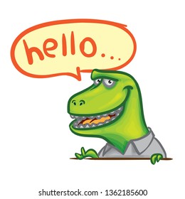 Drawing Of A Funny T-rex Says Hello. Vector Animal Illustration. Dinosaur Cartoon