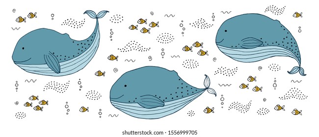 Drawing - funny whale and hand drawn elements. Eps10 vector line-art illustration.