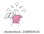 Drawing of furious young woman about to throw and break her laptop at workplace. Stress concept. Single continuous line art
