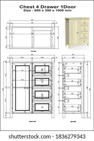 drawing furniture chest 4 drawer 1 door 2 dimensions, with component sizes