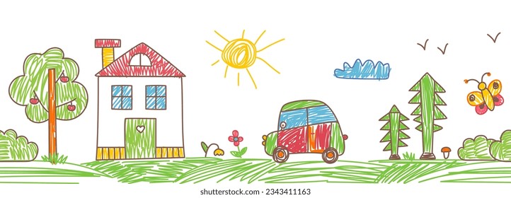 Drawing garden children style. House and grass, flowers border seamless pattern. Pastel, crayon or colored pencils classy vector landscape