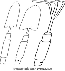 Drawing of garden tools on a white background. Monochrome vector clipart.