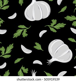 Drawing with garlic and parsley. Seamless pattern with garlic and parsley on black background.