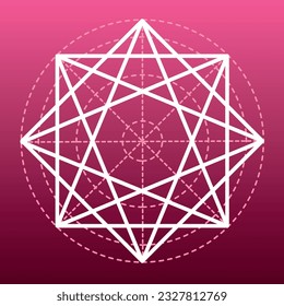 Drawing of a geometric design in a circle on a red-pink background