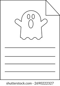 Drawing of a ghost on lined paper with a folded corner