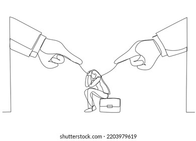 Drawing of giant boss hands pointing and blaming at depressed businesswoman employee. Metaphor for toxic work, abuse or bullying colleagues. Single continuous line art style
