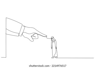 Drawing of giant hand angry points a finger at arab businessman employee. Metaphor for job reduction or dismissal. Single line art style
