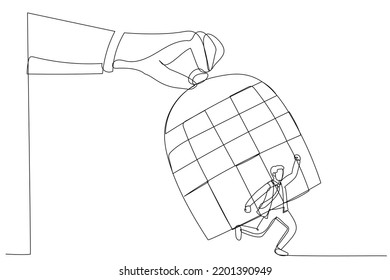 Drawing of giant hand capturing a running businessman with birdcage. Single line art style
