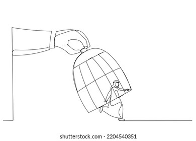 Drawing of giant hand capturing a running arab businessman with birdcage. Single line art style
