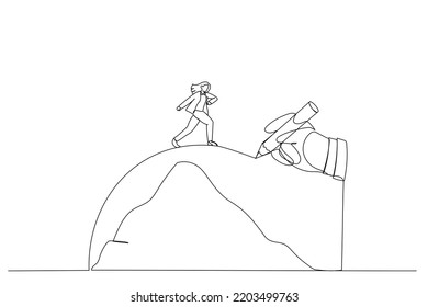 Drawing of giant hand draws a path to help the businesswoman cross the mountains, metaphor for conquering adversity. Continuous line art style
