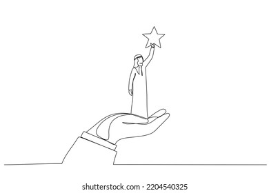 Drawing of giant hand helping a arab businessman to reach out for the stars. Single line art style

