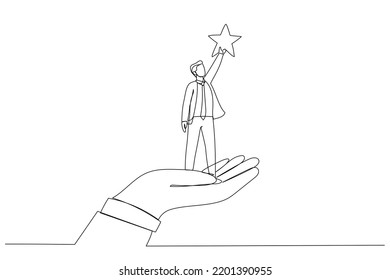 Drawing of giant hand helping a businessman to reach out for the stars. Single line art style
