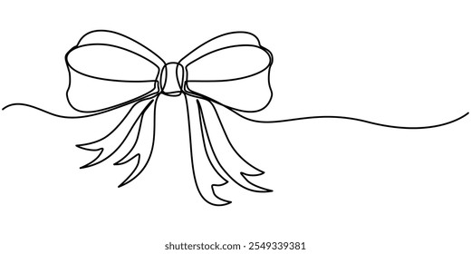  Desenho de arco de fita de presente em estilo de arte de uma linha contínua. Esboço linear preto isolado em fundo branco. Fita decorativa arco contínuo linha arte isolada no fundo branco. Vetor de Bowknot