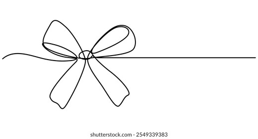  Desenho de arco de fita de presente em estilo de arte de uma linha contínua. Esboço linear preto isolado em fundo branco. Fita decorativa arco contínuo linha arte isolada no fundo branco. Vetor de Bowknot