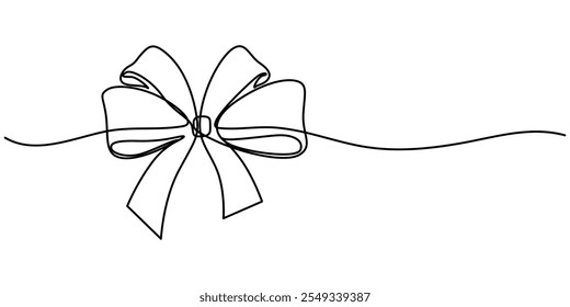 Drawing of gift ribbon bow in continuous one line art style. Black linear sketch isolated on white background. Decorative ribbon bow continuous line art isolated on white background. Bowknot vector