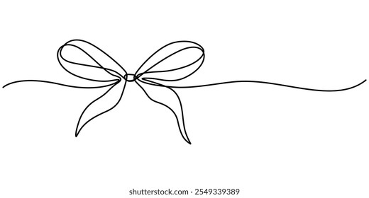  Desenho de arco de fita de presente em estilo de arte de uma linha contínua. Esboço linear preto isolado em fundo branco. Fita decorativa arco contínuo linha arte isolada no fundo branco. Vetor de Bowknot