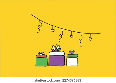 Drawing gifts. Postcard gift. Gift boxes drawing vector. Surprise postcard. Happy birthday. Gift wrapping. Stylized gifts. Holiday postcard.