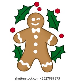 a drawing of gingerbread man give a wink smile with leaf background on it