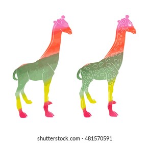 Drawing a giraffe on a white background, rainbow in the contour of the animal, vector illustration
