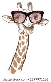 drawing of a giraffe with sunglasses - vector illustration