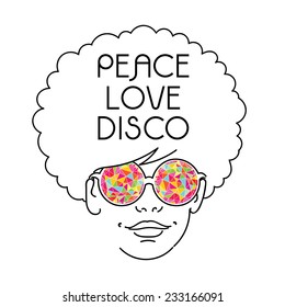 Drawing of girl with afro hairs and kaleidoscopic glasses - Symbol of 70s