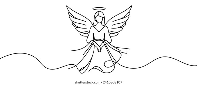 Drawing of a girl angel in one line. Vector illustration.