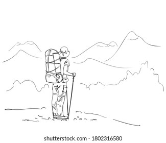 Drawing Of Girl Backpacker Hiking In Mountains Enjoying Scenery, Vector Line Art Sketch Hand Drawn Illustration