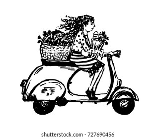 drawing girl with black curly hair rides a moped, sketch, hand-drawn vector illustration
