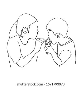 Drawing of the girl and the boy are eating ice cream. White background.