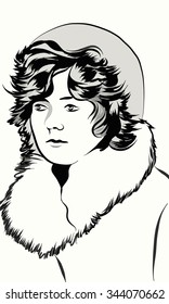 drawing  girl in a cap and  fur coat  retro