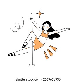 Drawing of a girl cartoon character practicing pole dancing. Hand drawn outline vector illustration in minimal style isolated on white background.
