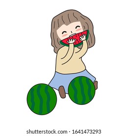 Drawing of a girl eating watermelon, cute girl doodle character, editable vector illustration eps 10
