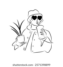 Drawing of a girl with glasses holding a flower and coffee. Scribble style illustration. Black and white doodle lines. Vector.