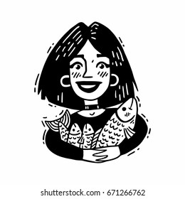 Drawing girl hugs fish black and white