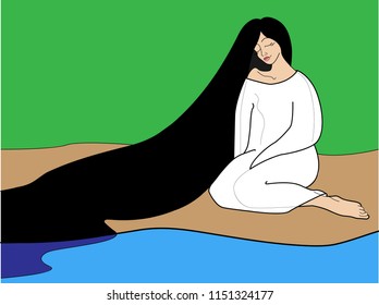 Drawing of a girl with long hair sitting on the shore, made in lines and color in a minimalist style