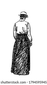 Drawing of a girl in old-fashion retro dress back view, Woman in vintage costume and straw hat, Hand drawn Vector illustration