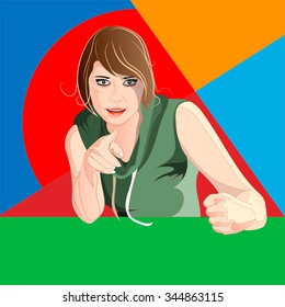 Drawing girl on a background of colorful geometric shapes.