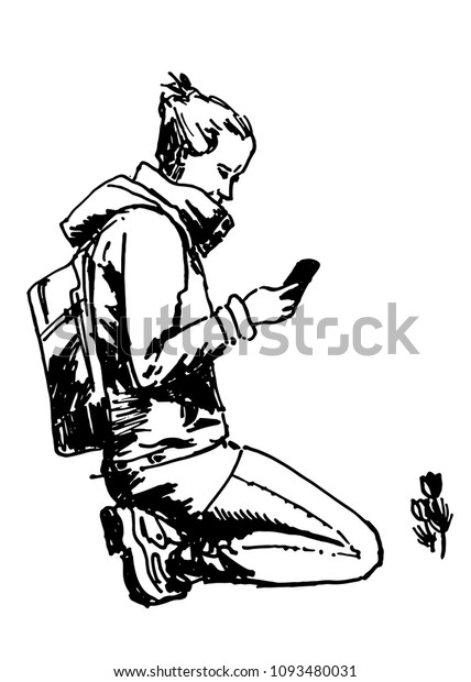 Drawing Girl Phone Sitting On Her Stock Vector Royalty Free