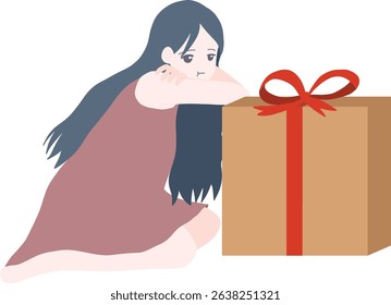 Drawing of a girl in red dress looking grumpy sitting in front of cardboard gift box design illustration