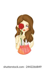 A drawing girl with red flower in crayon color style