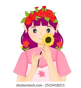 Un dibujo de una niña con flores rojas corona en su cabello con camisa rosa y sosteniendo girasol