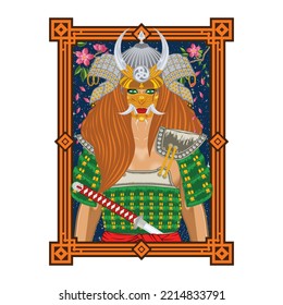 Drawing of a girl in samurai armor and a sword against the background of the starry sky and cherry blossoms. Illustrations for t shirt print. A mythical warrior. Poster in Oriental style.