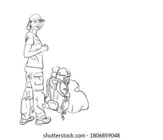 Dibujo de una chica con la mochila en el suelo y sonriente, dibujo vectorial Hand dibujó ilustración lineal aislada