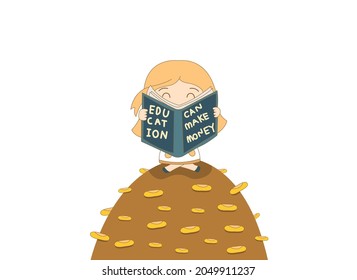 Drawing girl student reading book on money, earning, education, vector, illustrator