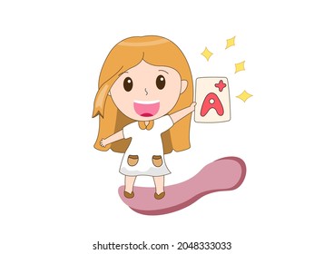 Drawing girl student showing paper grade, a plus, education, learning, vector