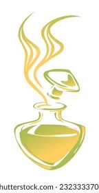 Drawing of glass bottle of perfume with streams of fragrance coming out of it, isolated on white background.