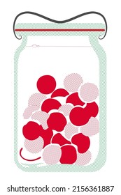 Drawing of a glass jar with a glass lid containing cherry compote and cherries. The figure shows an imitation of typographical printing.
