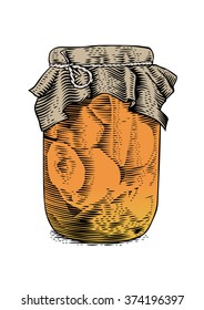 Drawing of glass jar with marinated tomatoes on the white background
