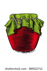 Drawing of glass jar with red jam on the white background
