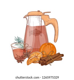 Drawing of glass pitcher with strainer, cup of winter fruit tea, fresh orange, cinnamon and star anise isolated on white background. Delicious seasonal warming drink. Realistic vector illustration.
